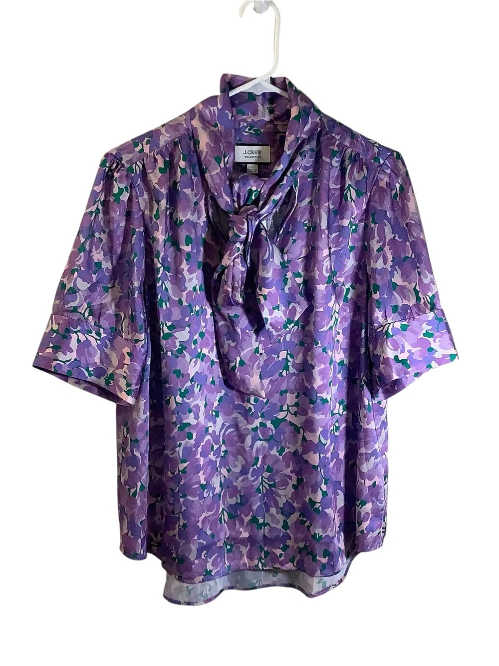 J. Crew Collection Purple Floral Tie-Neck Blouse with Short Sleeves